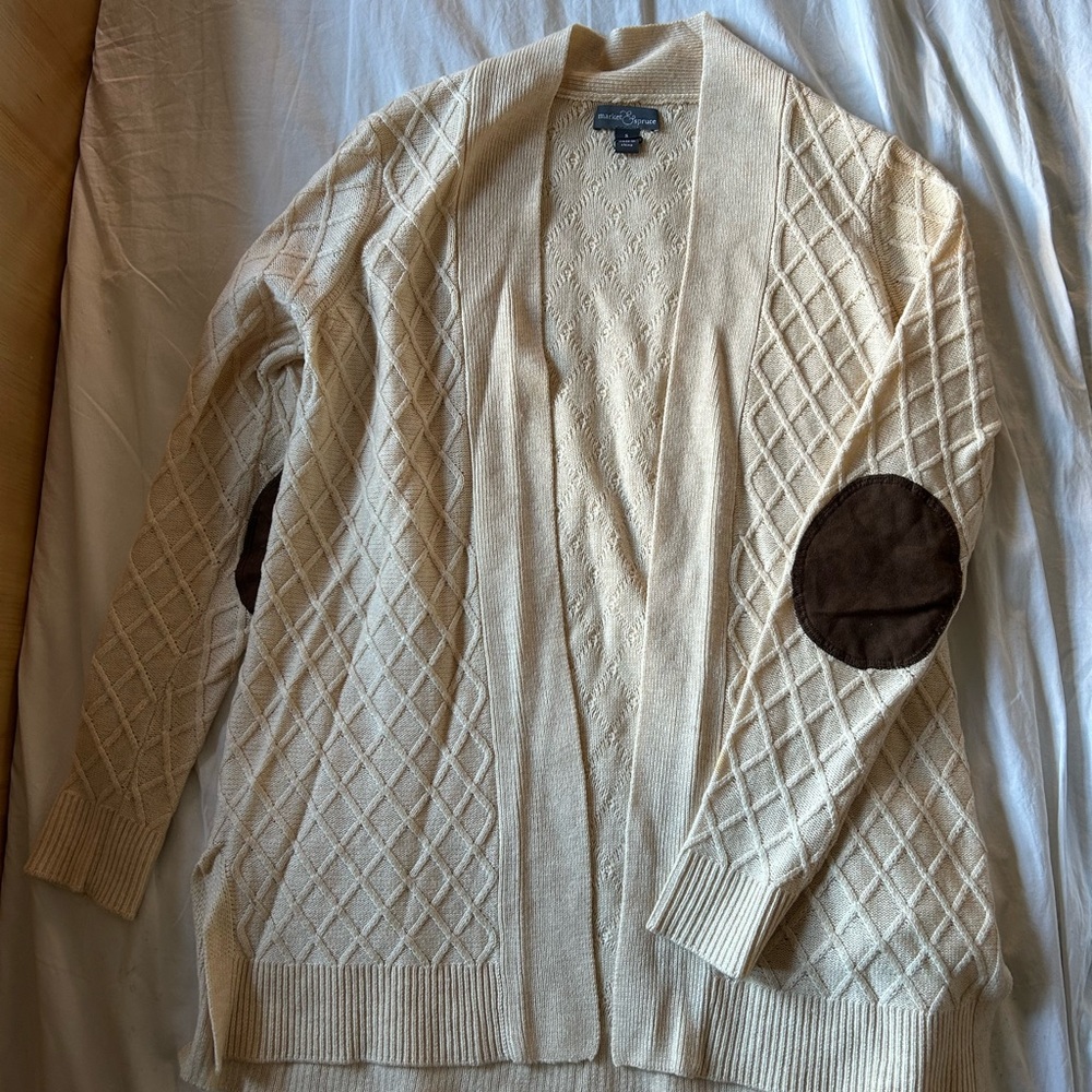 Market & Spruce Beige Cardigan with Brown Elbow Patches